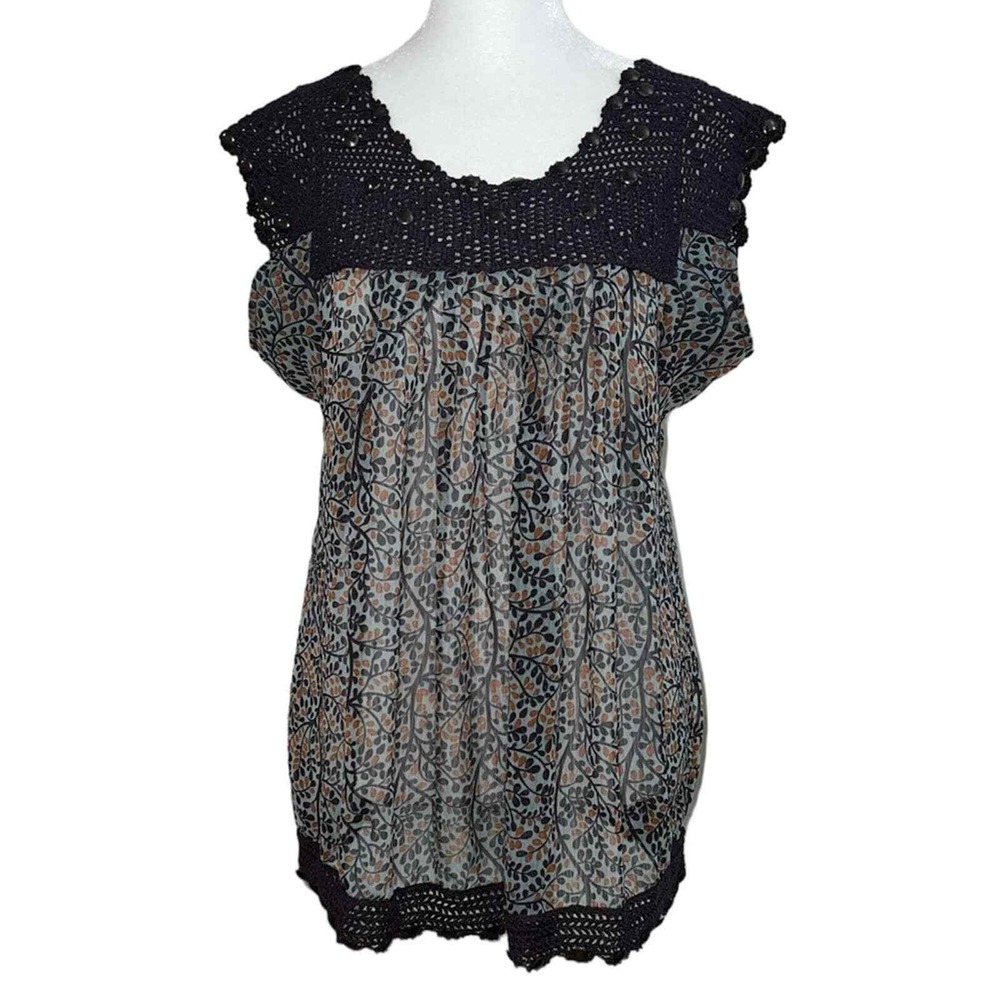 Hazel Crochet Yoke Tunic Blouse Womens Size M Blue Orange Leaf Studded Boho Top